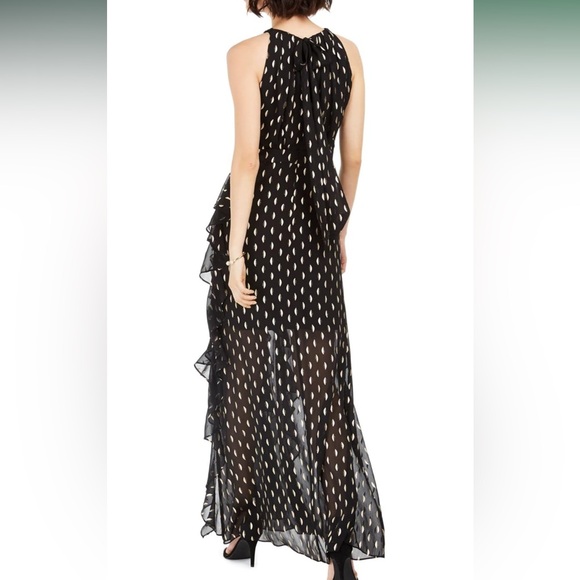 Betsy & Adam Metallic Chiffon Front Ruffle Slit Halter Neck Sleeveless Gown - Picture 16 of 16